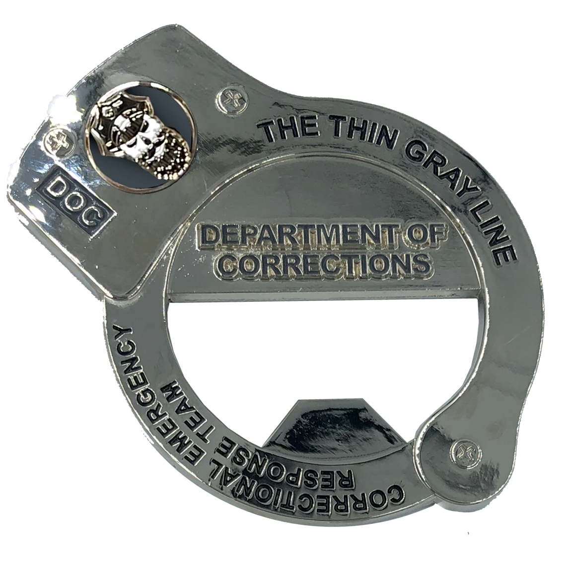 BL4-011 CERT Thin Gray Line HANDCUFFs Challenge Coin Bottle Opener Beard Gang Skull Corrections Correctional Officer