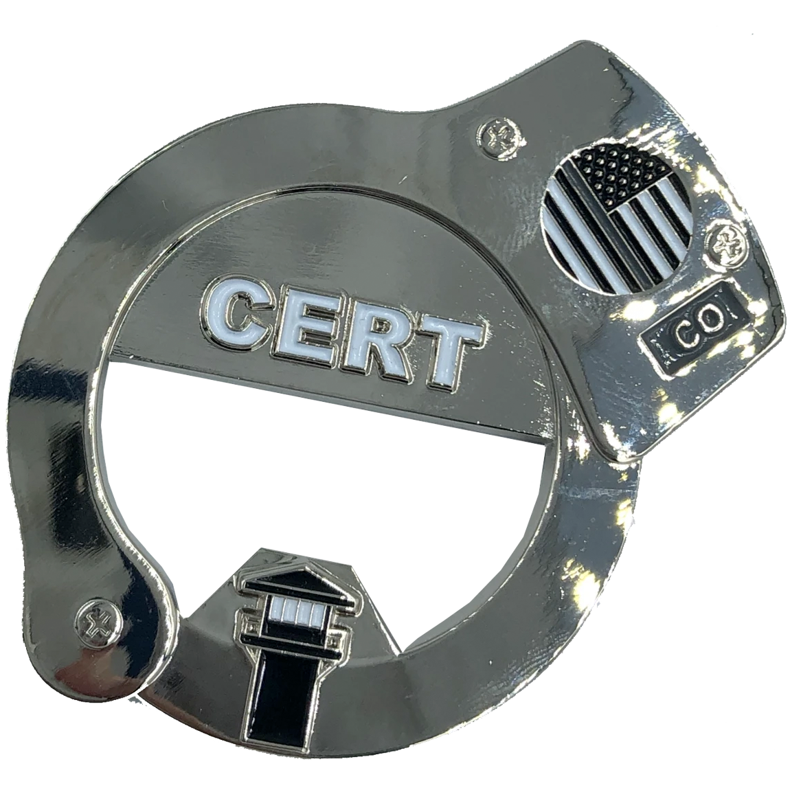 BL4-011 CERT Thin Gray Line HANDCUFFs Challenge Coin Bottle Opener Beard Gang Skull Corrections Correctional Officer