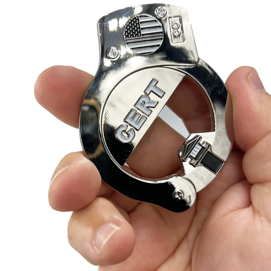 BL4-011 CERT Thin Gray Line HANDCUFFs Challenge Coin Bottle Opener Beard Gang Skull Corrections Correctional Officer