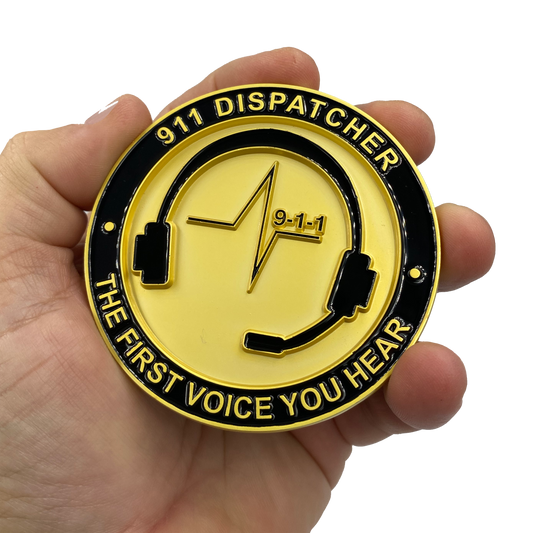 EL4-015 World's Biggest 911 Emergency Dispatcher Challenge Coin Thin Gold Line The First Voice Your Hear