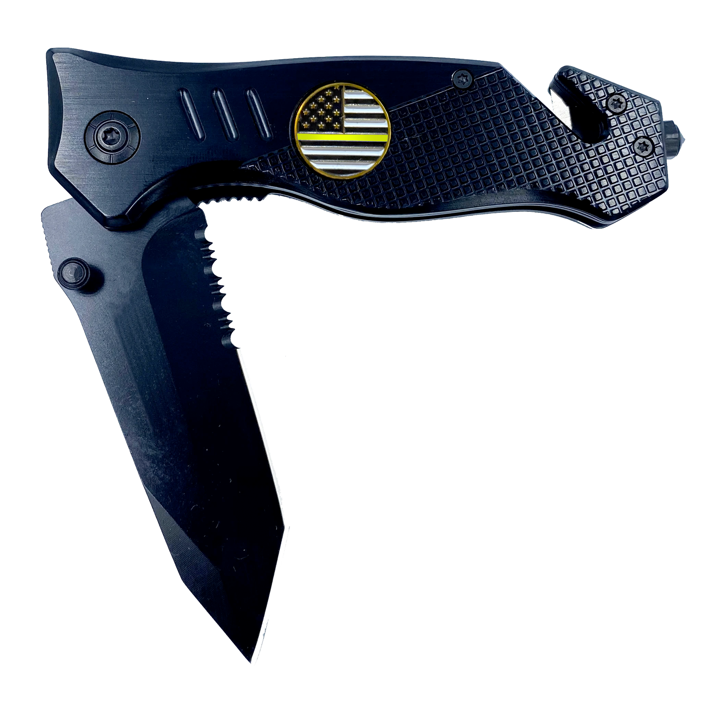 Thin Gold Line Police collectible 3-in-1 Tactical Officer Rescue tool with Seatbelt Cutter, Steel Serrated Blade, Glass Breaker 911 Emergency Dispatcher thin yellow line