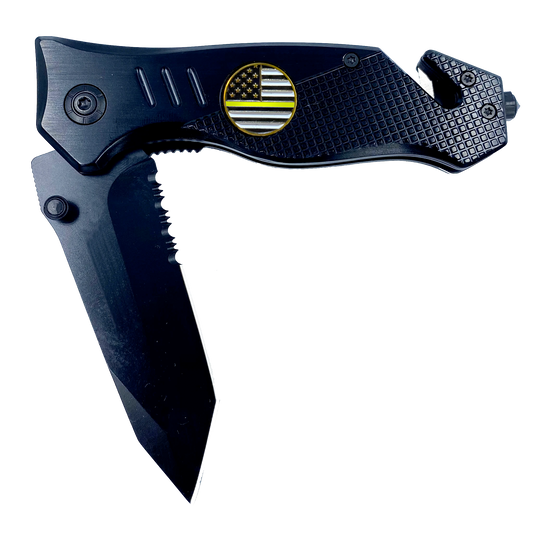 Thin Gold Line Police collectible 3-in-1 Tactical Officer Rescue tool with Seatbelt Cutter, Steel Serrated Blade, Glass Breaker 911 Emergency Dispatcher thin yellow line