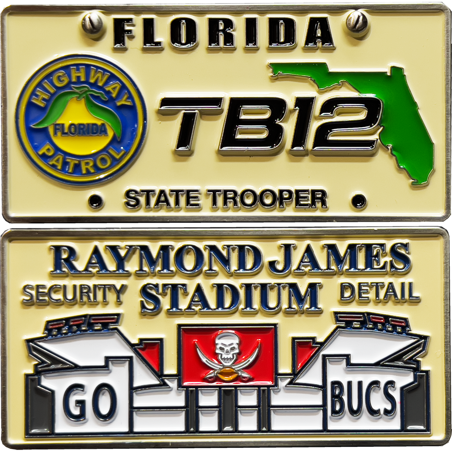 GL11-001 FHP Florida Highway Patrol State Police Tampa Bay Stadium Security Detail License Plate Challenge Coin