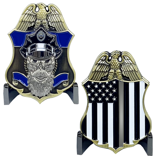 I-023 Thin Gray Line Corrections Police Challenge Coin Beard Gang Skull CO Correctional Officer