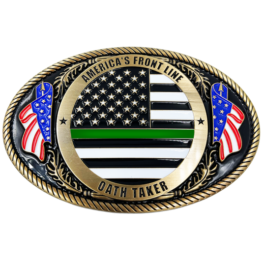 EL3-006 Border Patrol Agent Deputy Sheriff Army Marines CBP Police Officer Antique Gold Thin Green Line Police American Flag Belt Buckle America's Front Line Oath Taker BPA Border Patrol Agent