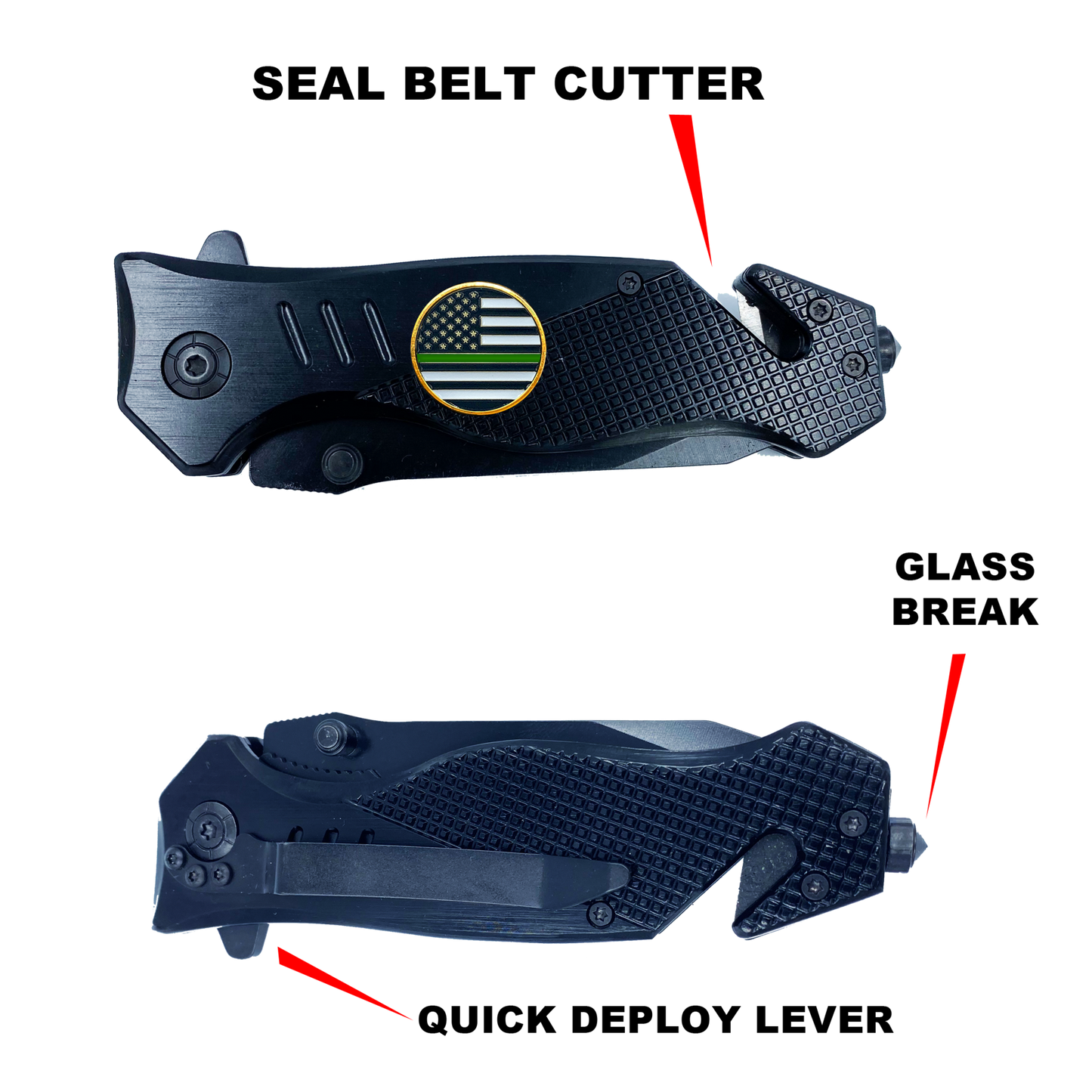 Thin Green Line Police collectible 3-in-1 Tactical Officer Rescue knife tool with Seatbelt Cutter, Steel Serrated Blade, Glass Breaker Border Patrol Army Marines Deputy Sheriff BPA CBP