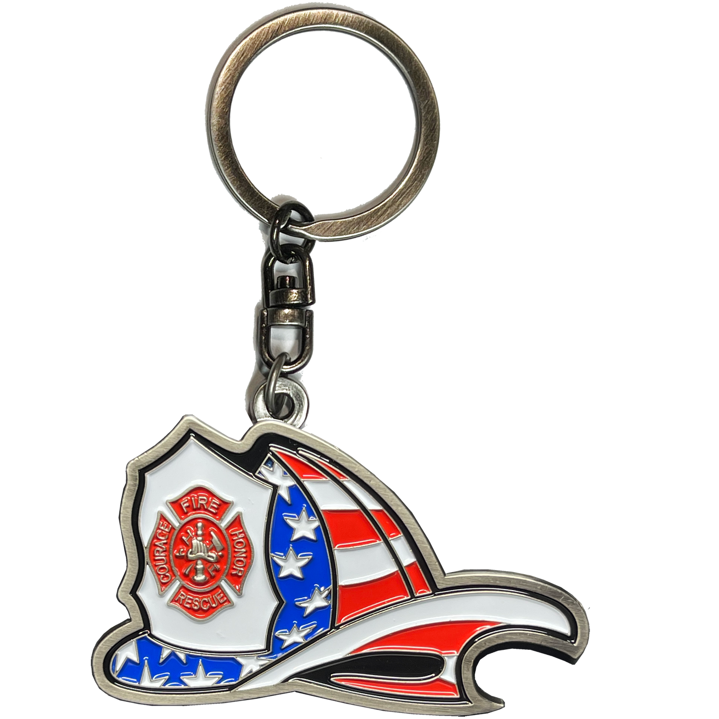 EL11-010 Maltese Cross Fire Department Helmet Bottle Opener keychain Thin Red Line Flag Challenge Coin Fire Fighter