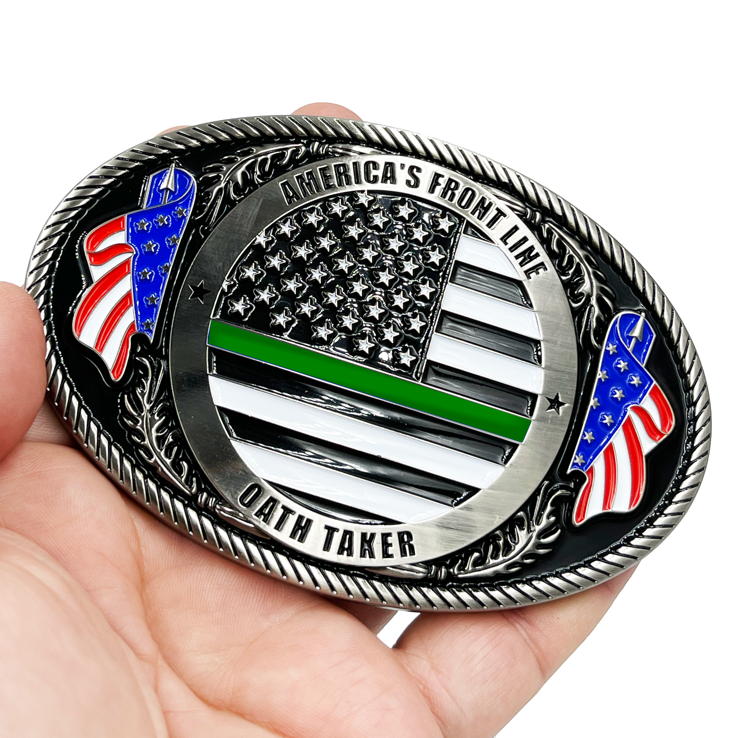 EL3-007 Border Patrol Agent Deputy Sheriff Army Marines CBP Police Officer Antique Nickel Thin Green Line Police American Flag Belt Buckle America's Front Line Oath Taker BPA Border Patrol Agent