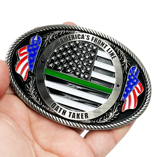 EL3-007 Border Patrol Agent Deputy Sheriff Army Marines CBP Police Officer Antique Nickel Thin Green Line Police American Flag Belt Buckle America's Front Line Oath Taker BPA Border Patrol Agent