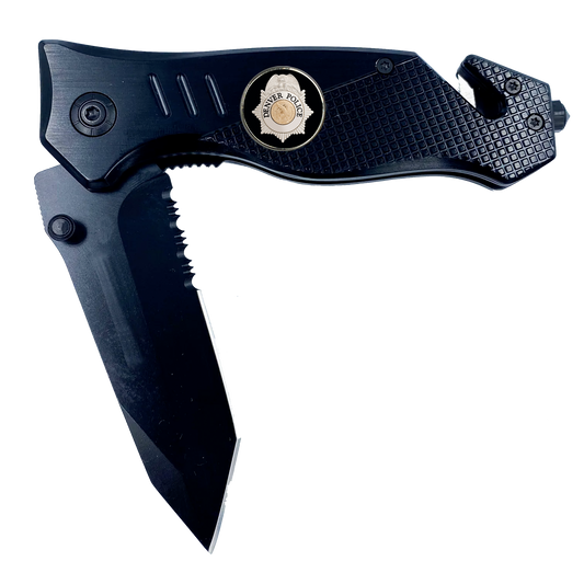 Denver Colorado Police 3-in-1 Tactical Rescue knife tool with Seatbelt Cutter, Steel Serrated Blade, Glass