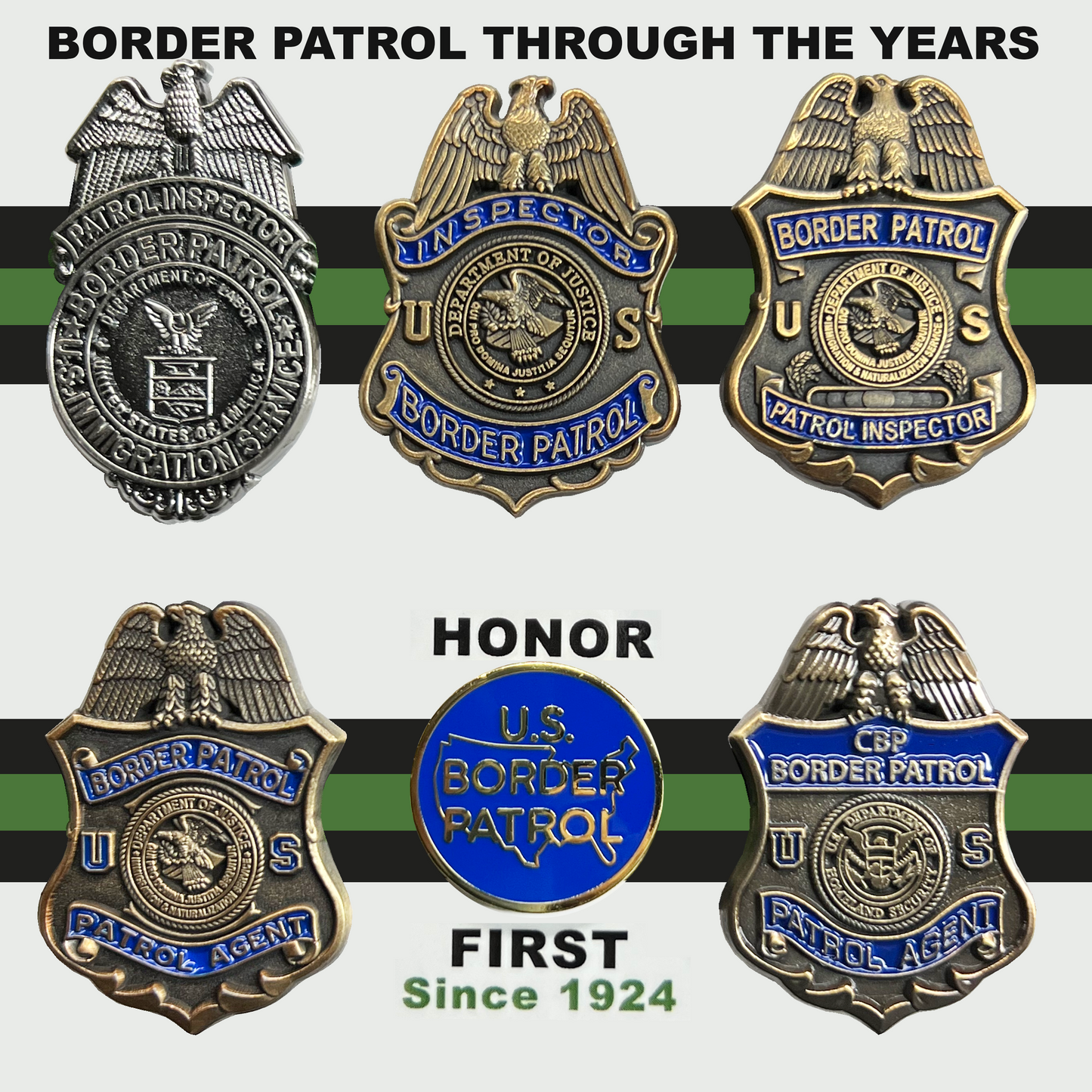 BL1-09B CBP US Border Patrol 6 piece historic through the years Honor First lapel pin set