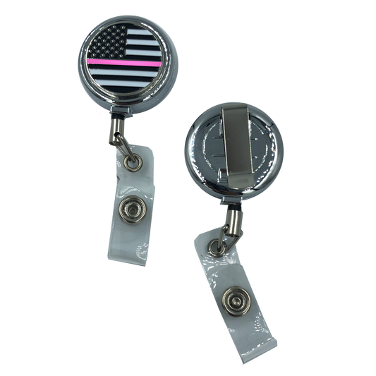 CL8-011 Thin Pink Line Breast Cancer Awareness Metal ID Reel retractable ID Card Holder