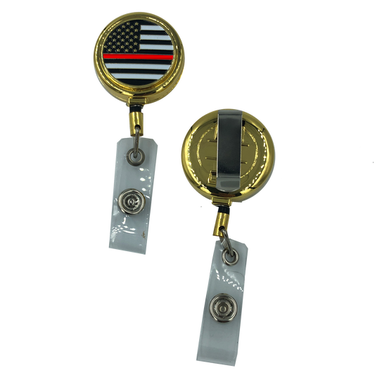 CL8-07 Thin Red Line Metal ID Reel retractable ID Card Holder Fire Fighter Department Firefighter