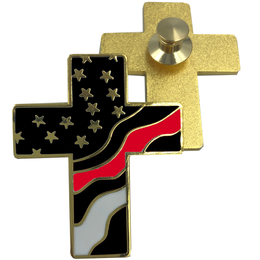 Thin Red Line American Flag Cross USA Lapel pin Cloisonné Fire Fighter Department Firefighter