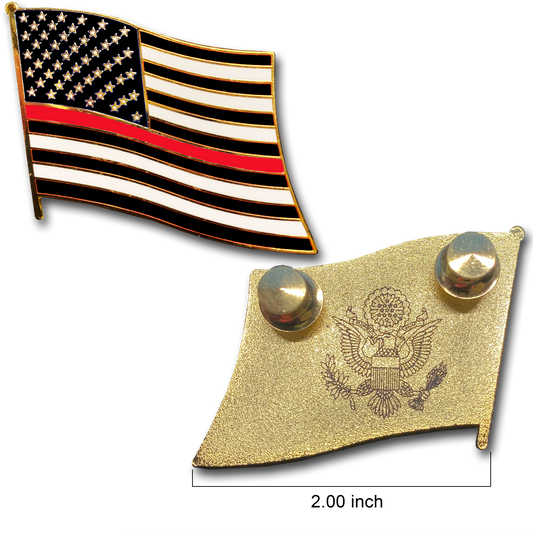 Thin Red Line Firefighter Large cloisonné American Flag Lapel Pin with 2 pin posts, 2 deluxe clasps Fire Fighter
