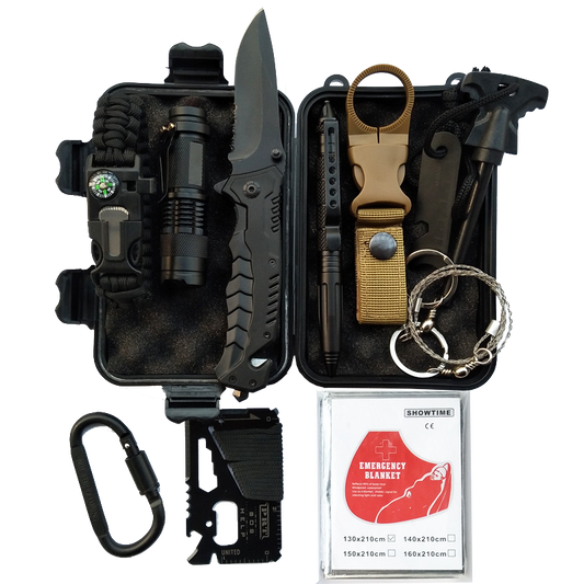 RCBB America's Front Line Survival Tool Kits 12-in-1 Emergency Tools, Rock Climbing Gear, Emergency Blankets, Survival Bracelet, Tactical Pen, Tactical Flashlight, Gift Sets for Men & Women