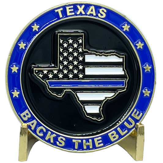 BL3-005 Texas BACKS THE BLUE Thin Blue Line Police Challenge Coin with free matching State Flag pin back the blue Sheriff trooper