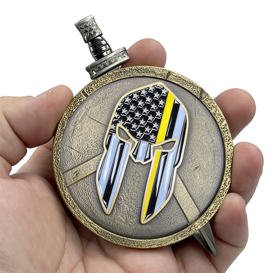 EL5-019 Thin Gold Line 911 Emergency Dispatcher Police Warrior Yellow Gladiator Shield with removable Sword Challenge Coin Set