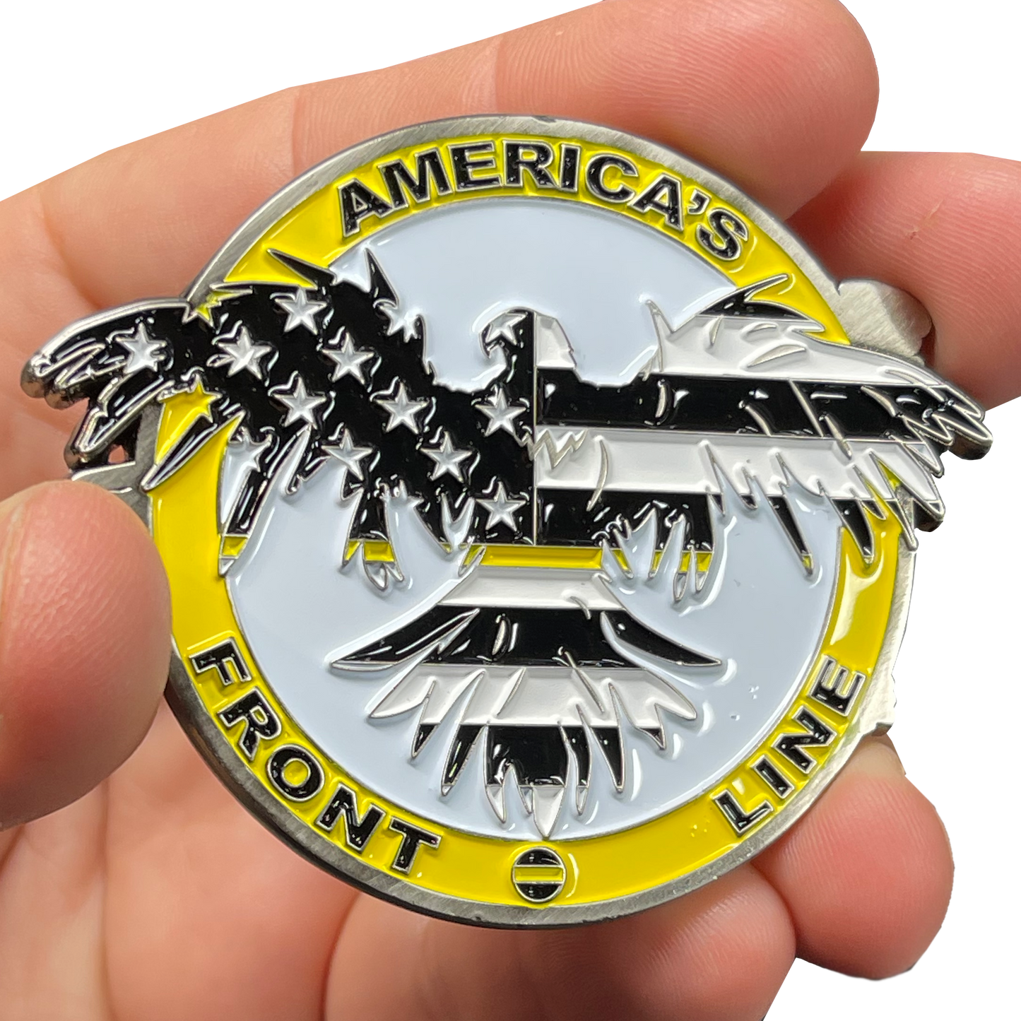 M-31 Thin Gold Line Flag and Eagle Police Challenge Coin 911 Emergency Dispatcher Yellow Line